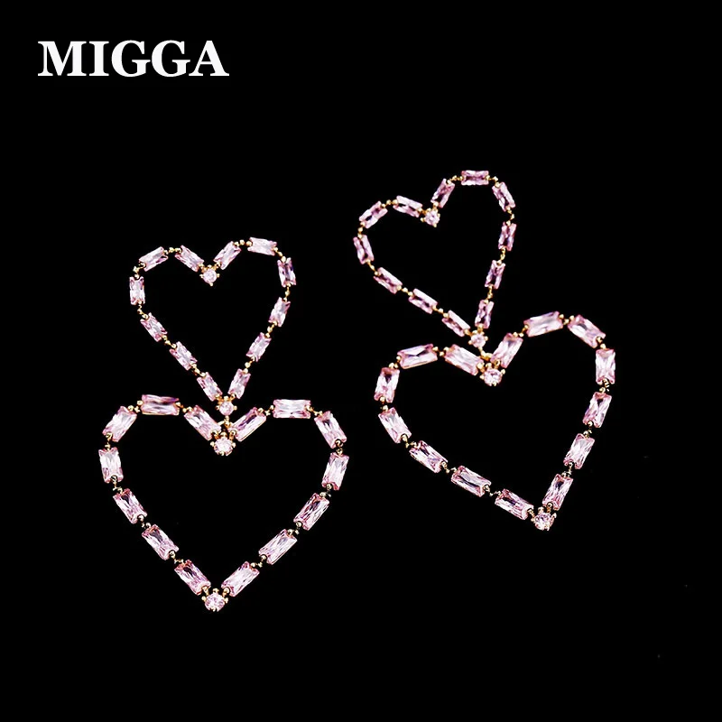 

MIGGA Luxury Pink CZ Zircon Stone Crystal Double Large Heart Earrings for Women Party Gift Gold/Silver Color