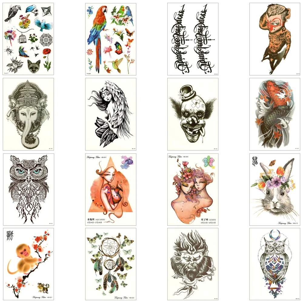 

Temporary Tattoo Sticker Waterproof Fake OWL Parrot Elephant god clown carp Water Transfer tattoo Man Woman sexy Body Art Makeup