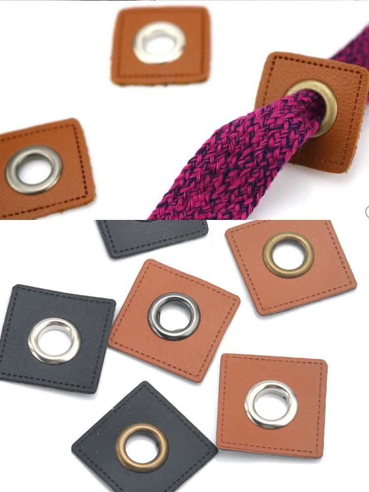 

30pcs/lot 27mm square black/brown PU leather sew on Badges patch labels + inner 8mm metal brass eyelets grommets free ship