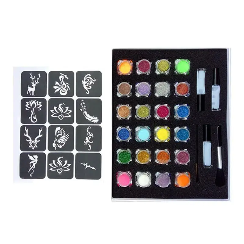 

Temporary Glitter Tattoo Kit Princess 60 Stencils 24 Glitter Powder Glue Brush Tattoos Set Temporary Tattoo Sticker