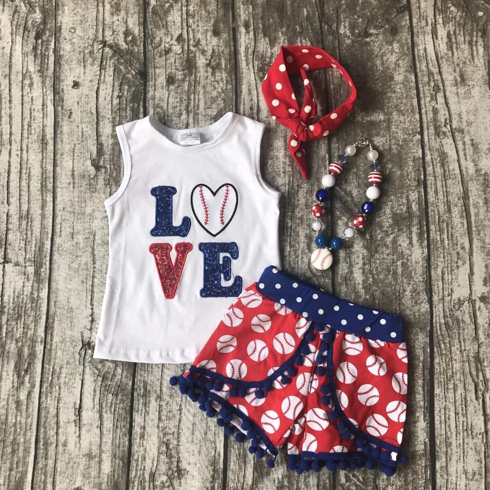 Summer design baby girls baseball print season style boutique love ruffles cotton shorts outfit clothes matching