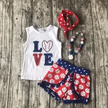 Summer design baby girls baseball print season style boutique love ruffles cotton shorts outfit clothes matching accessories