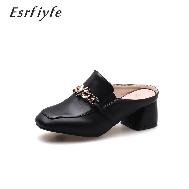 

ESRFIYFE 2019 New Big Size 34-46 Summer Solid Color Women Slippers Square Heel Square Toe Concise Top Quality Casual Women Mules