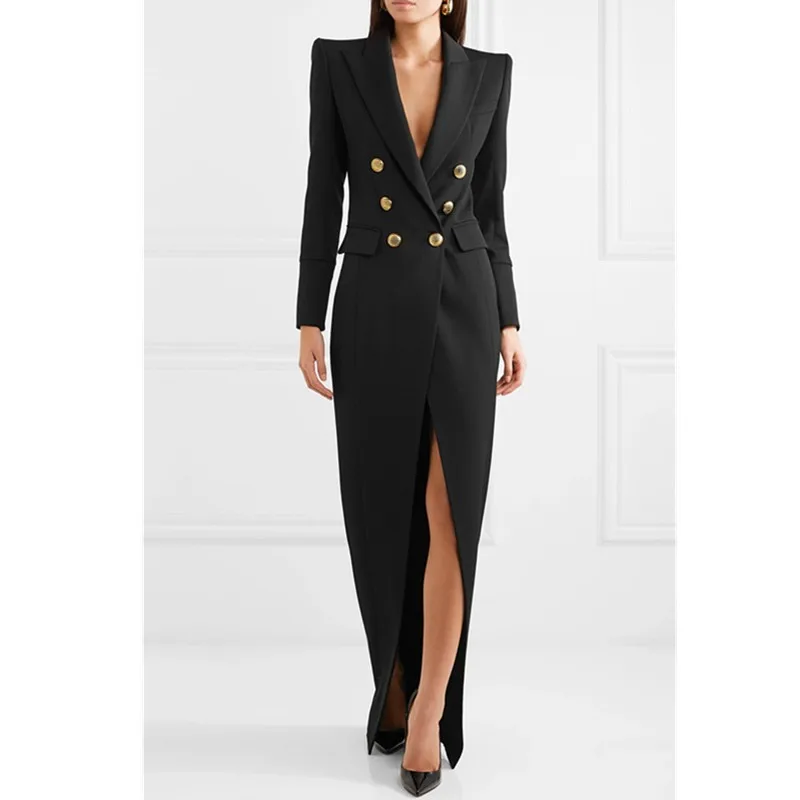 Kopen Pak Jurk Voor Vrouwen 2019 Herfst Turn Down Kraag Office Lady Jurk Sexy Double Breasted Pendelen Floor Lengte Jurk