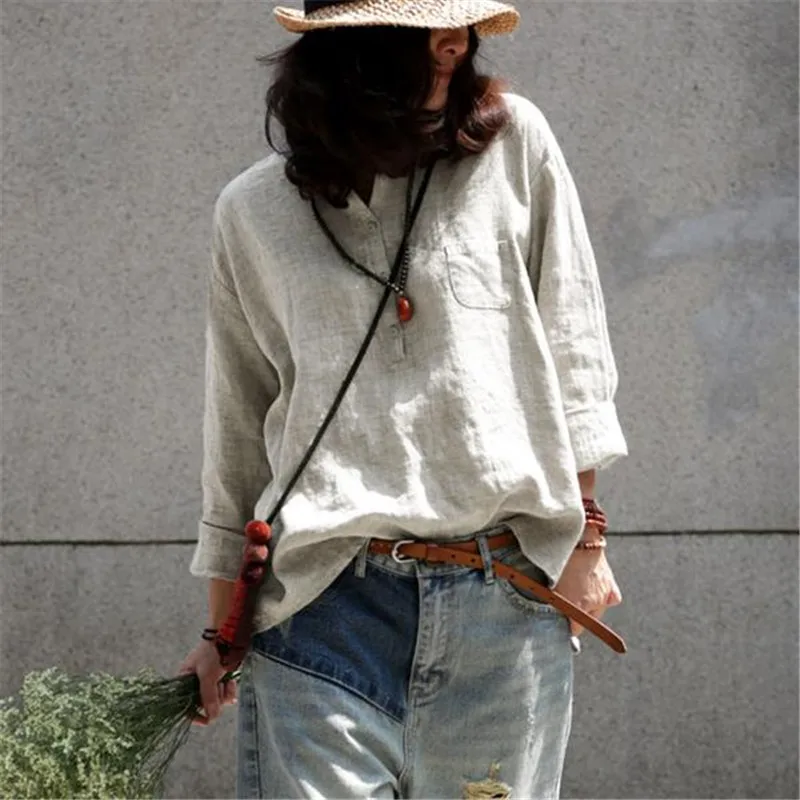 

BUYKUD Women Casual Solid Irregular Linen Shirt 2018 Loose Round Neck Long Sleeve Beige Female Blouse And Tops High Quality