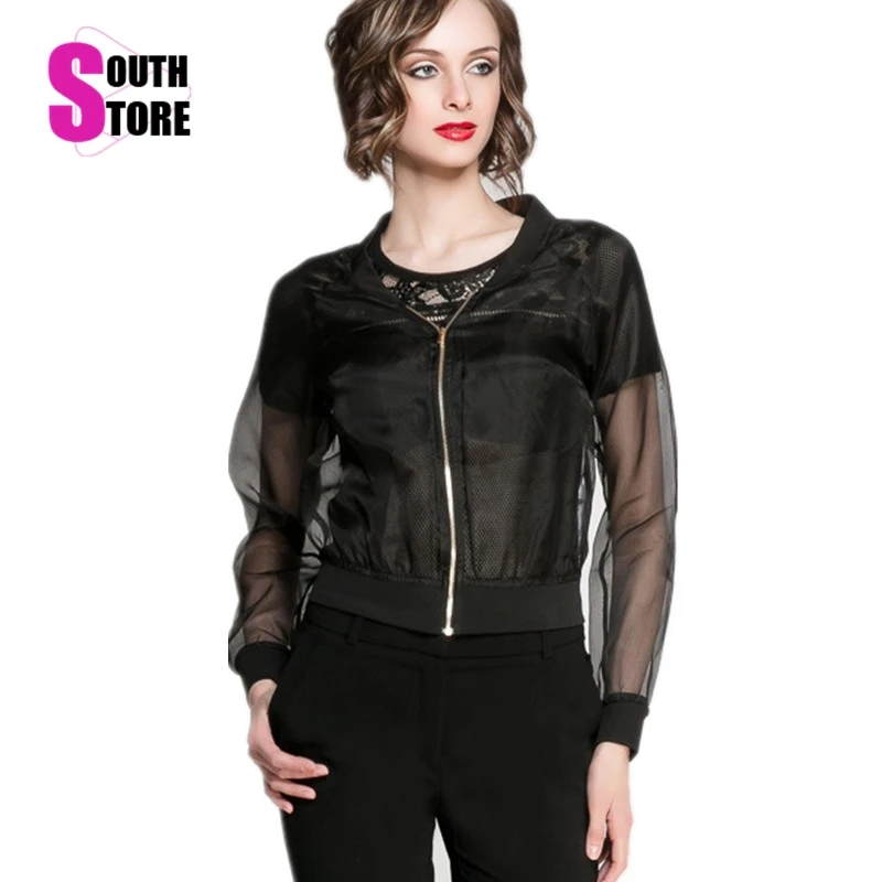 2015 New Fashion Sexy Sheer Black Organza Jackets Women Coat Full