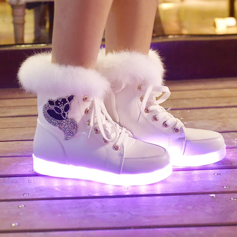 Zapatos iluminadores de pelo conejo de invierno botas de nieve zapatos fluorescentes luces led Zapatos altos para ayudar más botas de algodón de terciopelo. _ - AliExpress Mobile