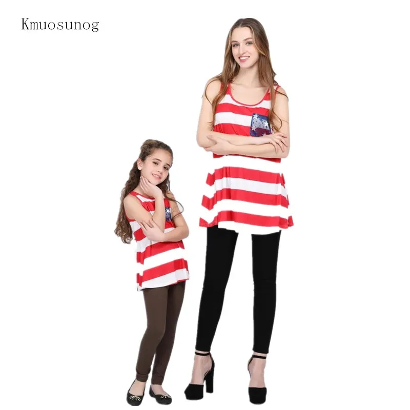 

Family matching clothes mother daughter outfits Lace pocket Red white striped Vest top sleeveless mommy and me costume C0226