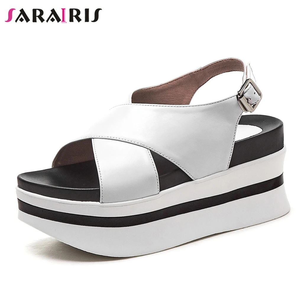

SARAIRIS 2019 New Concise Genuine Leather Shoes Sandals Woman Summer Platform Thick Heels Sandals Woman Wedges Shoes Woman