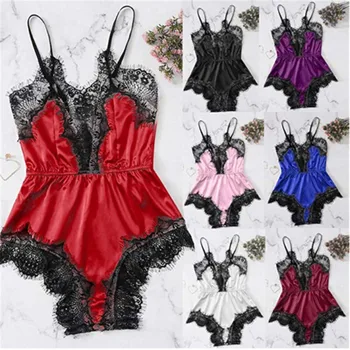 

Women's Sexy Underwear Silk Satin Lace Pajama Shorts Jumpsuit Babydoll One Piece