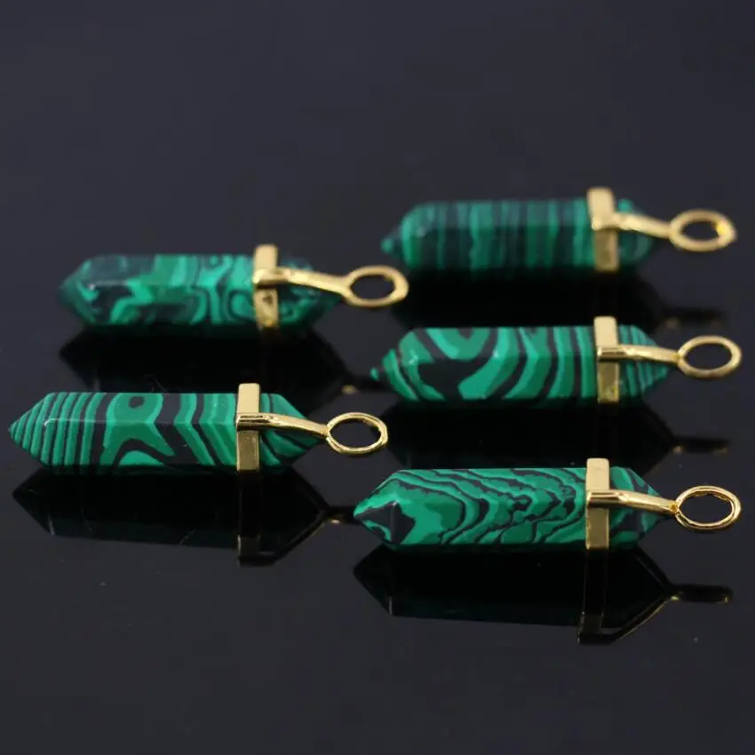 

10pcs/lot Polished Malachite stone Hexagon Point Pendant,Gold Plated Synthetic Stone double point stick Reiki Chakra Pendant