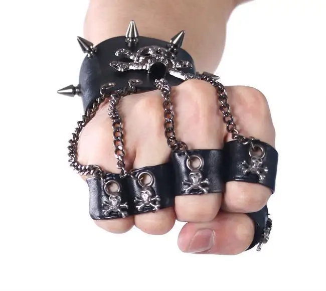 

Punk Rave Men's Black Skull Metal Chain Gloves With Removable Finger Rings S-114
