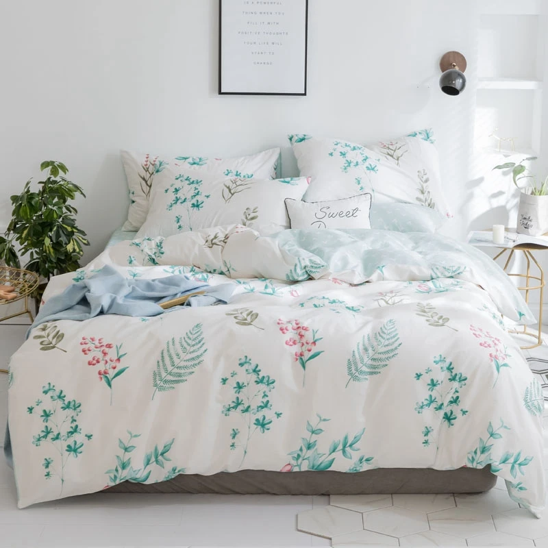 

Fresh Style Bedding Set Light Green Flower Pattern Star Pattern Bed Linens 100% Cotton Quilt Cover Twin Queen King Size