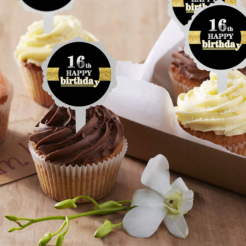 

6pcs Happy Birthday Cake Toppers Black 16 18 21 30 40 50 60 70 80th 90th Years Old Birthday Party Decoration Cake Flags