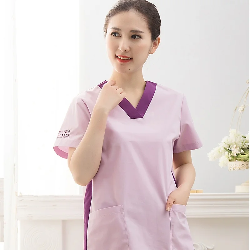 Women's Fashion Medical Scrubs Color Blocking Nursing Uniforms (Choose Scrub TOP/Pants/Whole Set) Pure Cotton Surgery Scrubs