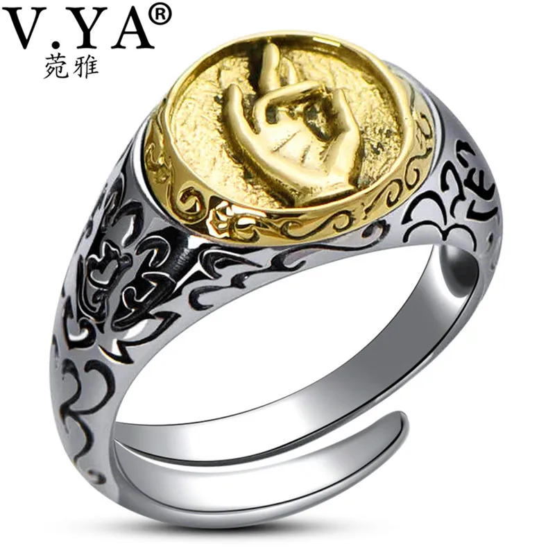 

V.YA Vintage Buddhism Flower Rings 925 Sterling Silver Ring for Men Women Adjustable Gold Color Mens Jewelry High Quality