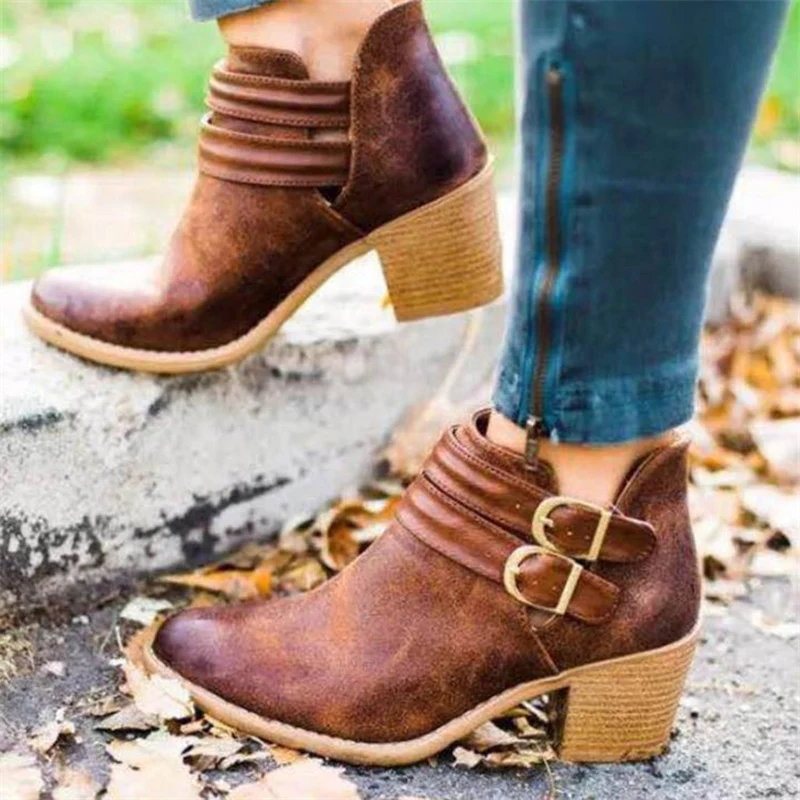 

Tangnest New Ankle Boots Women Fashion Winter Boots Platform Retro with Buckle Strap Ankle Bootie Mid Heels Shoes Woman XWX7204