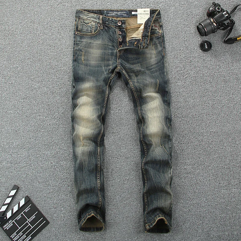 Tanie Styl włoski modne dżinsy męskie Slim Fit bawełniane spodnie jeansowe spodnie marki klasyczne jeansy homme elastyczne Vintage długie dżinsy mężczyzn