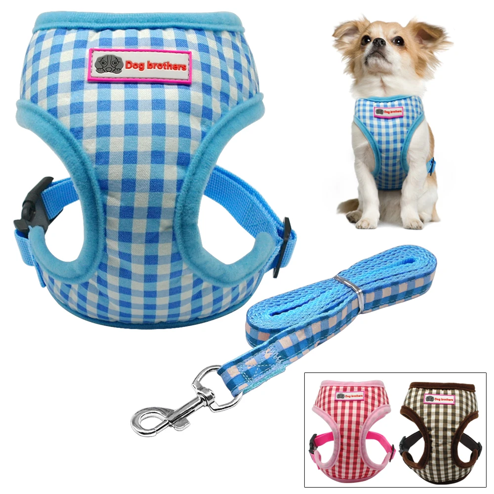 Cute Grid Pet Puppy Dog Harness Leash Set Walking Dog Vest Pink Blue