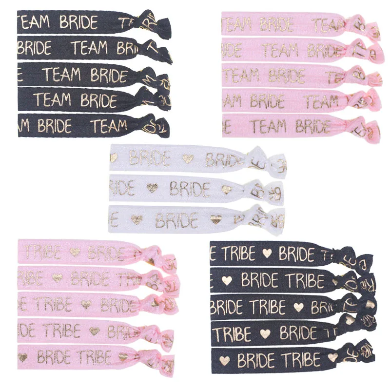 

5/8" Gold foil Team Bride Tribe printed Knotted FOE Hair Ties elastic for Wedding Accessories 100PCS
