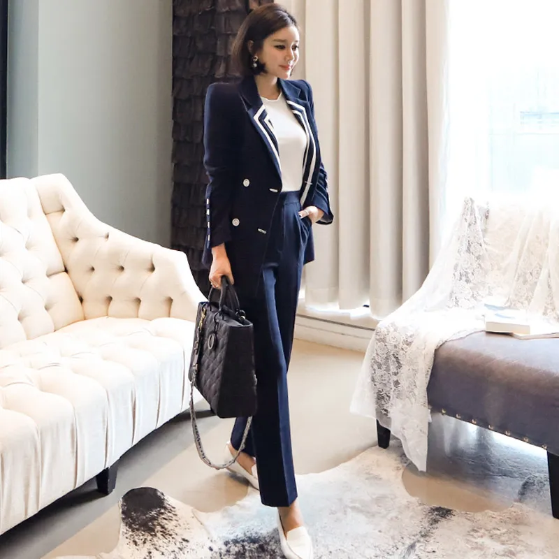 Vintage double-breasted two-piece Set Women Pant Suit Notched  Female Blazer Jacket Pant 2019 Office  Sexy Women Cotton Suits