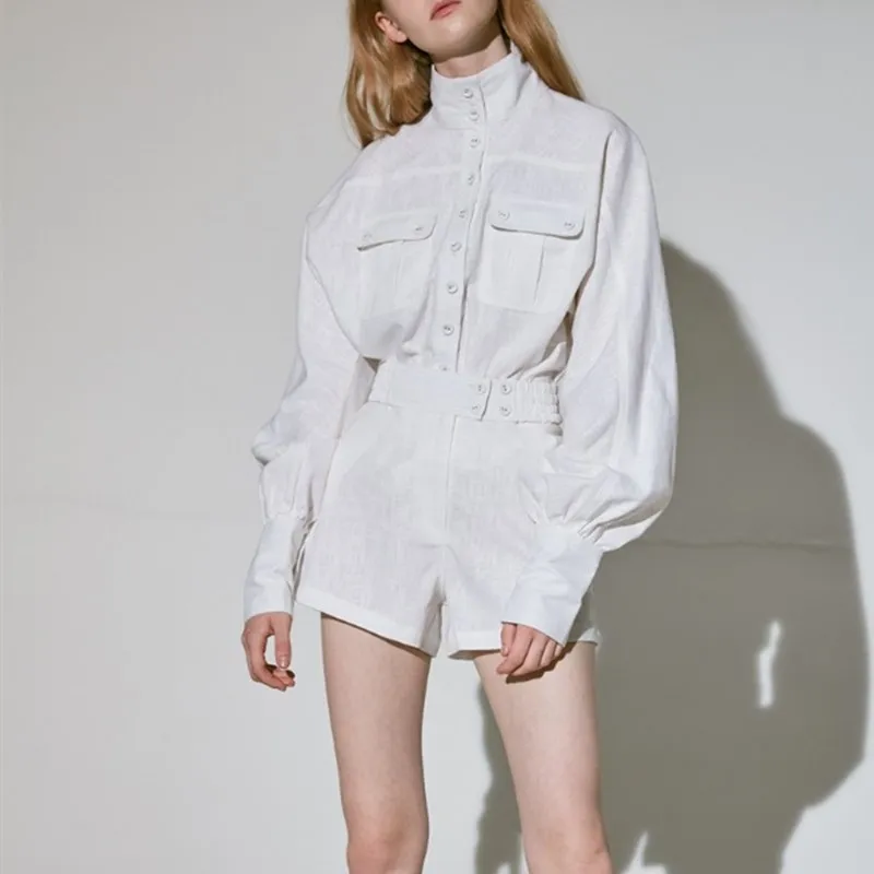 Printemps Ensembles Streetwear Deux Manches Haute Lanterne Femelle Blouse White Mode Blanche Chemise Femmes Taille Costumes Shorts Pièces Vintage r75rwqF