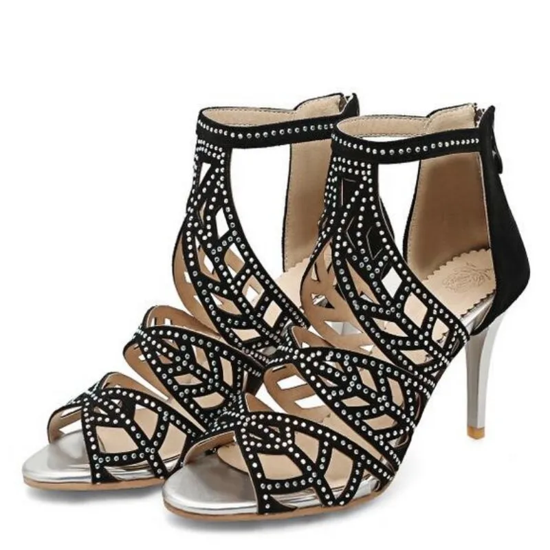 

2017 New Gladiator Fashion High Thin Heels Peep Toe Solid Shoes For Womens Hollow Crystal Back Zippers Party Ladies Sandals Plus