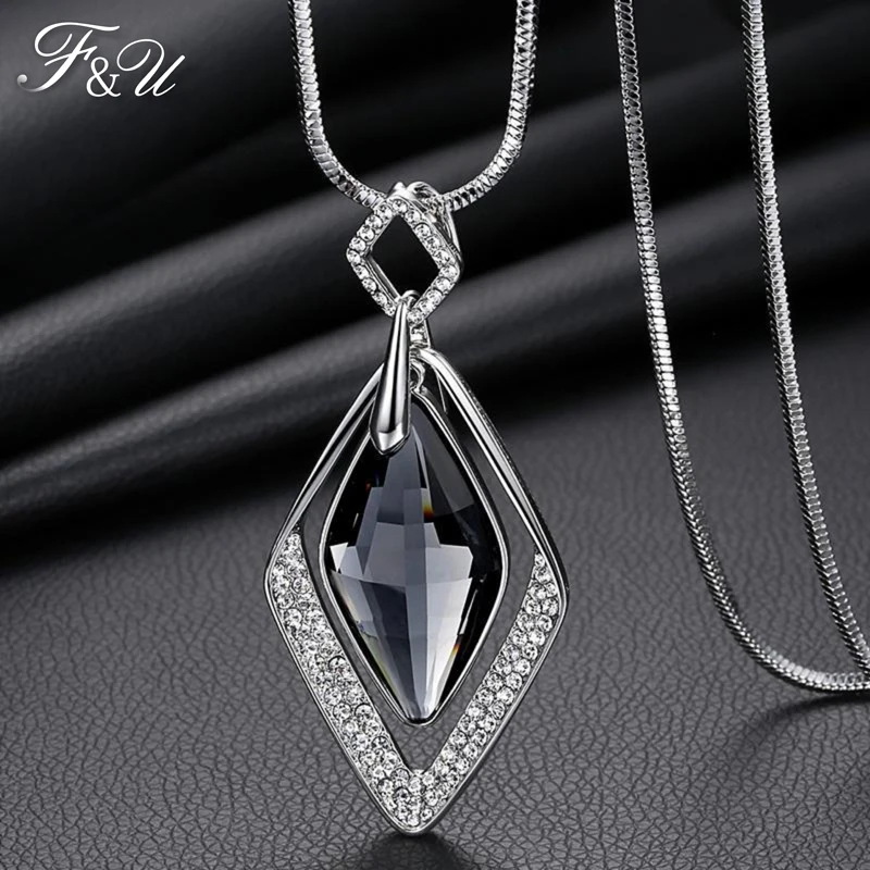 

F&U colar Crystal Rhombus Pendant Long Necklace Female Winter Sweater Chain All-match Accessories For Women