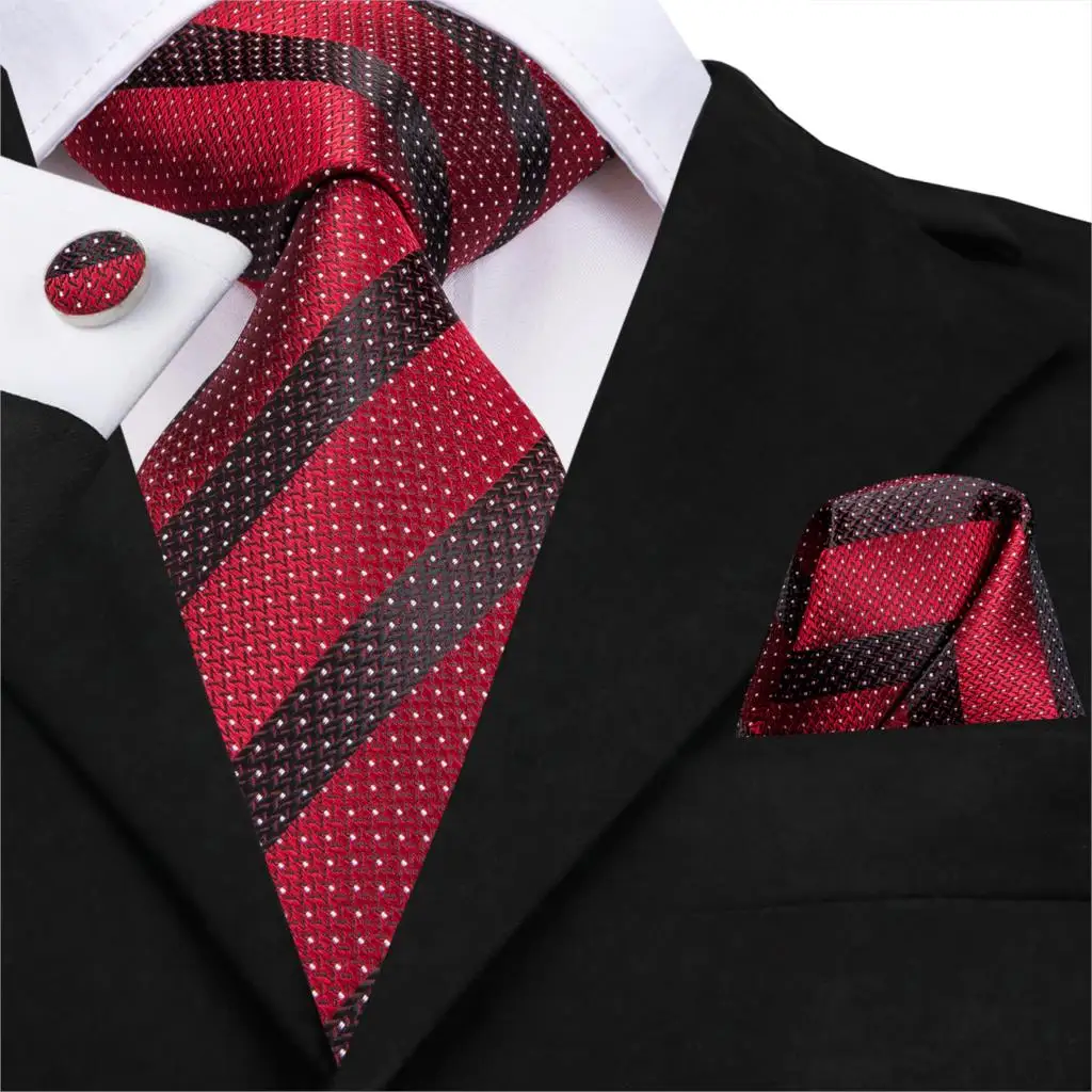 

SN-3168 Hi-Tie Men Tie Silk Red Necktie Striped 8.5cm Woven Pocket Square Cufflinks Set High Quality Men's Wedding Men Tie Set