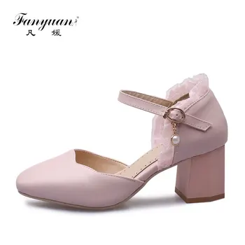 

Fanyuan Fashion Ankle Strap pumps Elegant Pearl chain Buckle Strap shoes Spring Ruffles Shallow High heels women shoes
