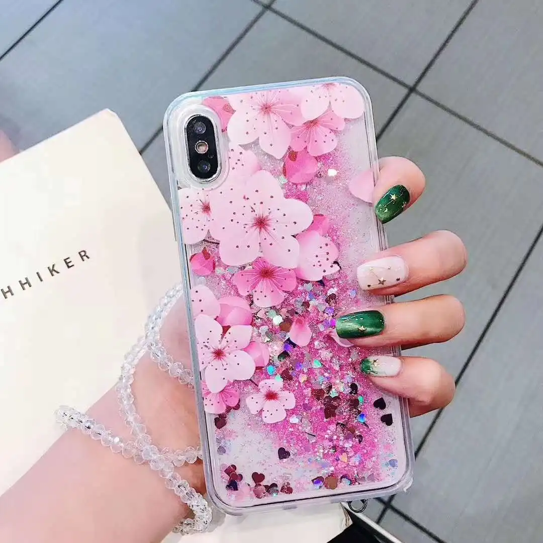

For iphone XS Max Luxury Glitter Quicksand Peach blossom Case for iPhone XR 678Plus Flower Liquid shine Sequin Case+Crystal rope