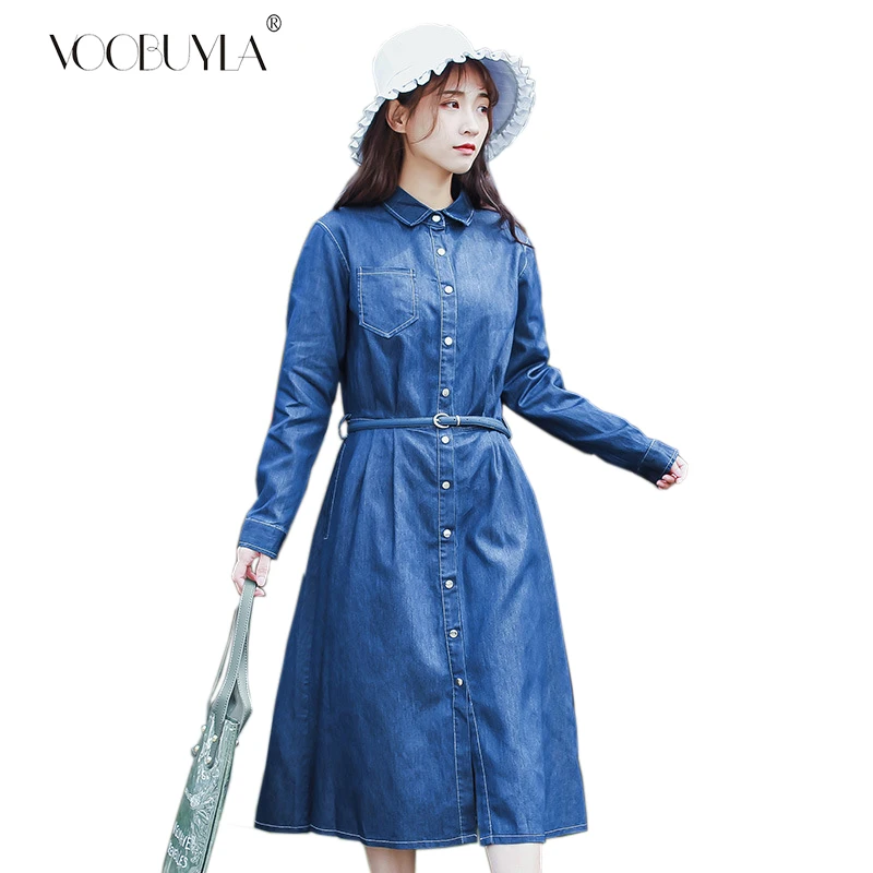 

Voobuyla Women loose Long Sleeve Denim Dress Long Denim Shirt Dress 2019 Autumn Single-breasted Jeans Cardigan with Belt Vestido