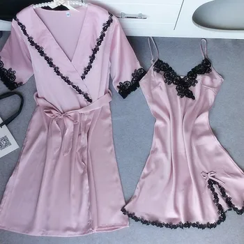 

Pink Ladies' Elegant Satin Robe Set Half Sleeve Bathrobe Gown Women Sexy Nightdress Lace Lounge Sleepwear Twinset Home Wear 1922