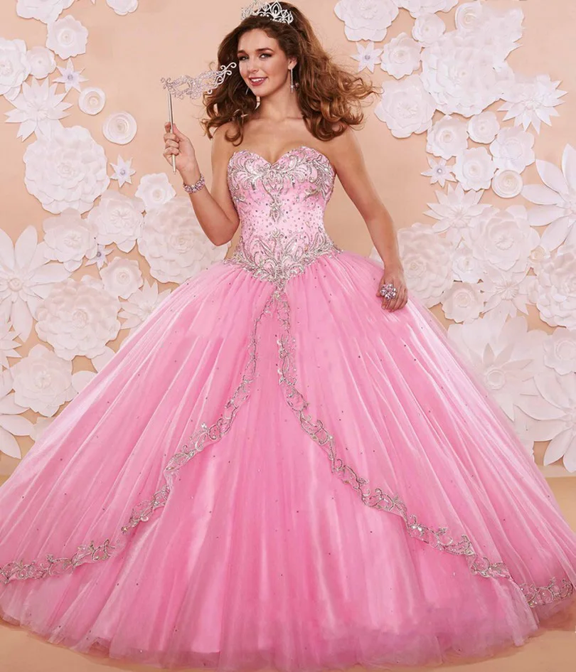 Pink 2016 Elegant Quinceanera Dresses Sweetheart Beading Rhinestones Vestidos De 15 Anos Sweet