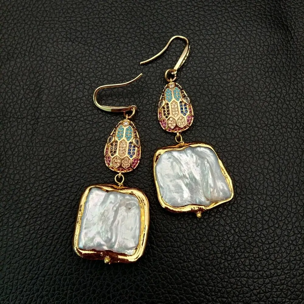 

24MM Cultured White Square Keshi Pearl CZ Pave Hook Earrings