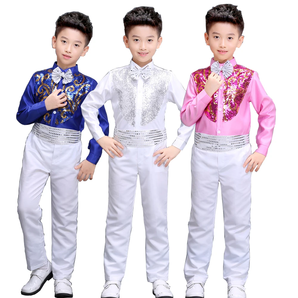 Tops +Pants +Tie Kids Sequined Hip Hop Jazz dance wear Suits Kids Competition costumes Children Ballroom Dancing clothing Outfit