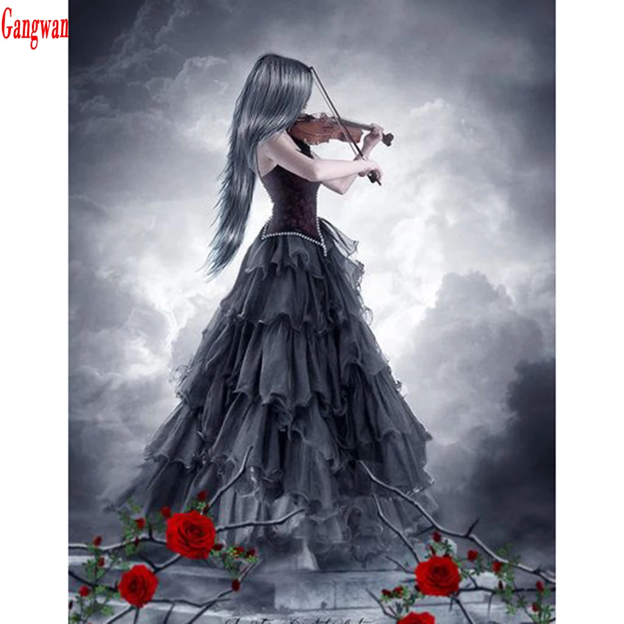 full square Round Diamond Painting girl Back view rose 5D Embroidery Diamond Mosaic Pattern Rhinestone Painting violin Woman decor