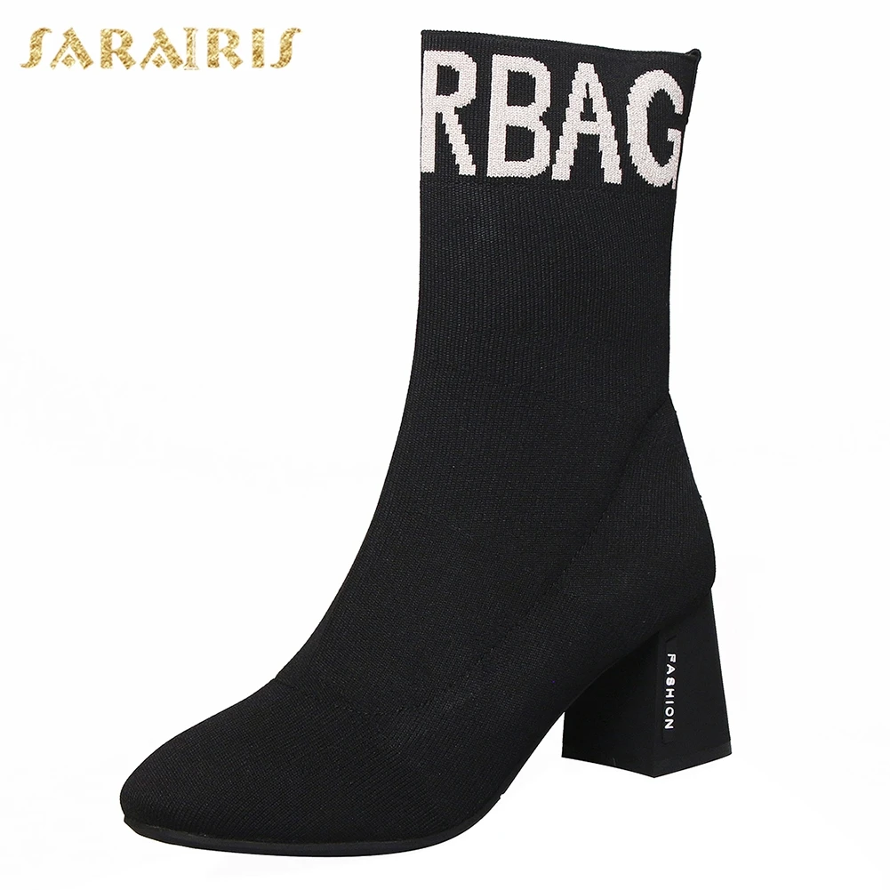 

Sarairis INS Hot Fashion Street Style Weave Ankle Boots Woman Black Square High Heels Ankle Boots women's Shoes Woman 33-44
