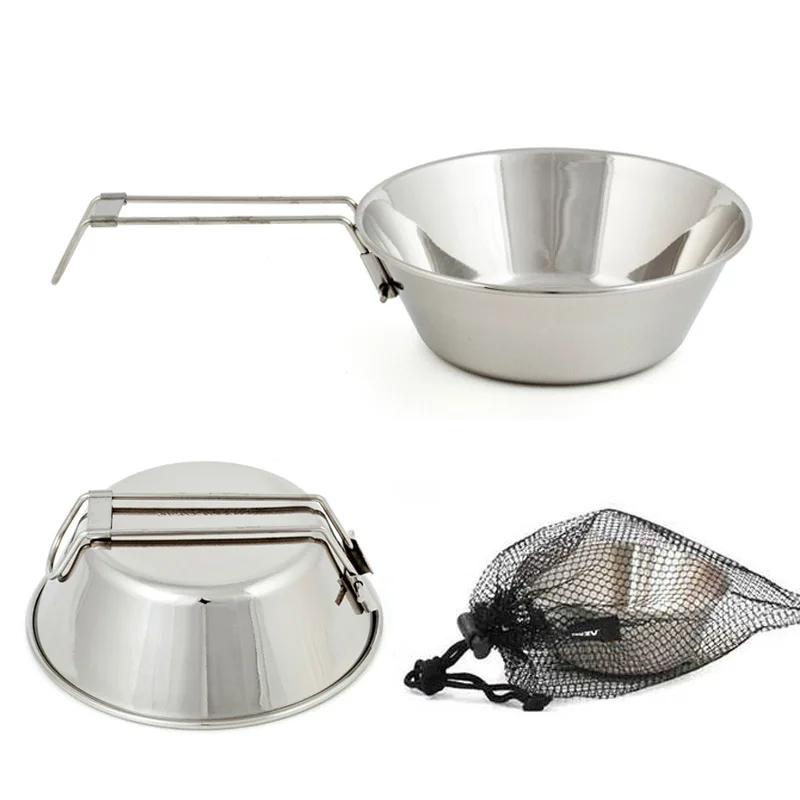 

Stainless Steel 300ml Bowl With Foldable Handle Outdoor Camping Picnic Tableware Portable Cookware Space-saving Folding Bowl