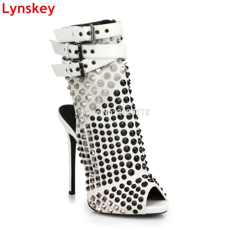 

Lynskey Hot Sale Studded Short Ankle Boots Peep Toe Triple Buckle Strap Women High Heels Lady Rivet Pumps Boots Shoes