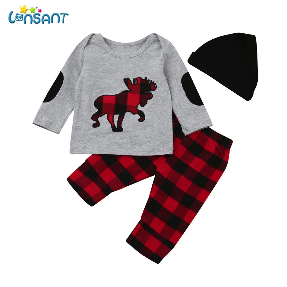 Plaid Pants 3pcs Kids Baby Boys Girls Romper Jumpsuit Tops Hat Outfits set