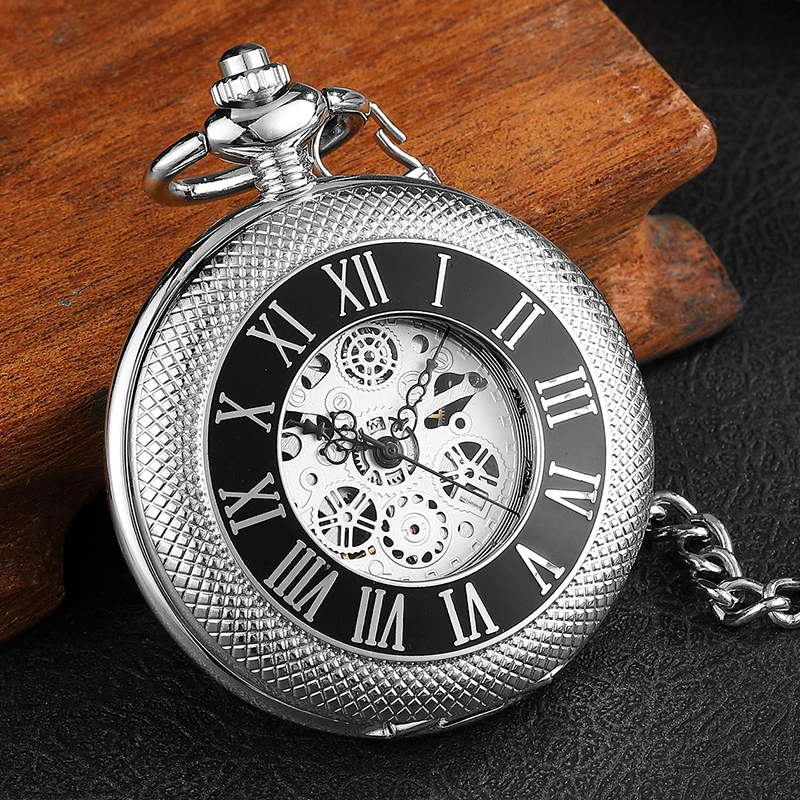 Luxury Silver Pocket Watch Mens Unique Roman Number Sculpture Dial