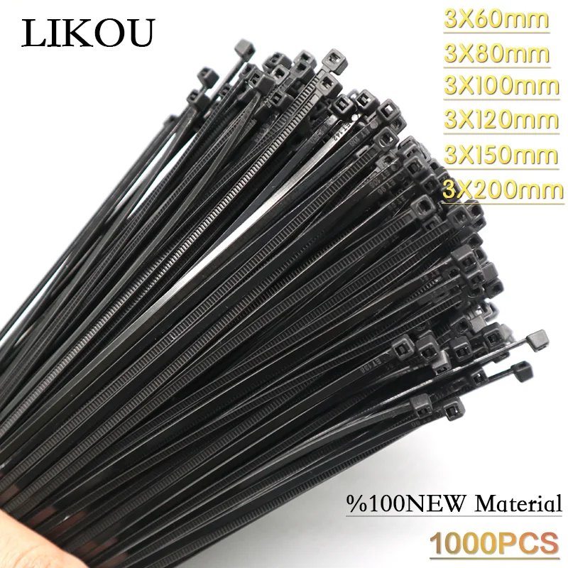 

LIKOU Electrical cable ties 3X60mm 3x80mm 3*100mm 3x150mm 3x200mm 3x250mm Plastic self-locking zip cable ties straps 1000PCS