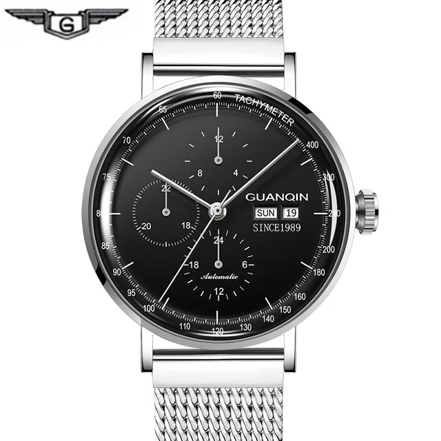 Высококачественные автоматические мужские часы GUANQIN, многофункциональные часы-Скелетон, календарь, неделя, хранение энергии, Миланский ремешок, механические часы - Цвет: Silver black