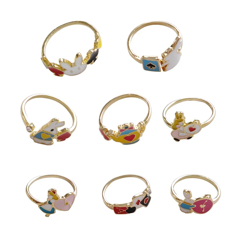 

Korean Cute Cartoon Enamel Colorful Rabbit Finger Rings Pink Poker clock Japanese Alice In Wonderland Finger Rings For Girls