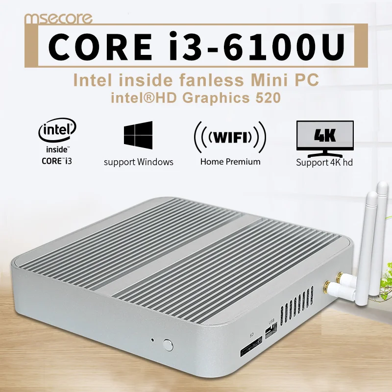 Fanless Intel I3 6100U Mini PC Windows 10 Desktop Computer NUC Pocket PC barebone system Nettop