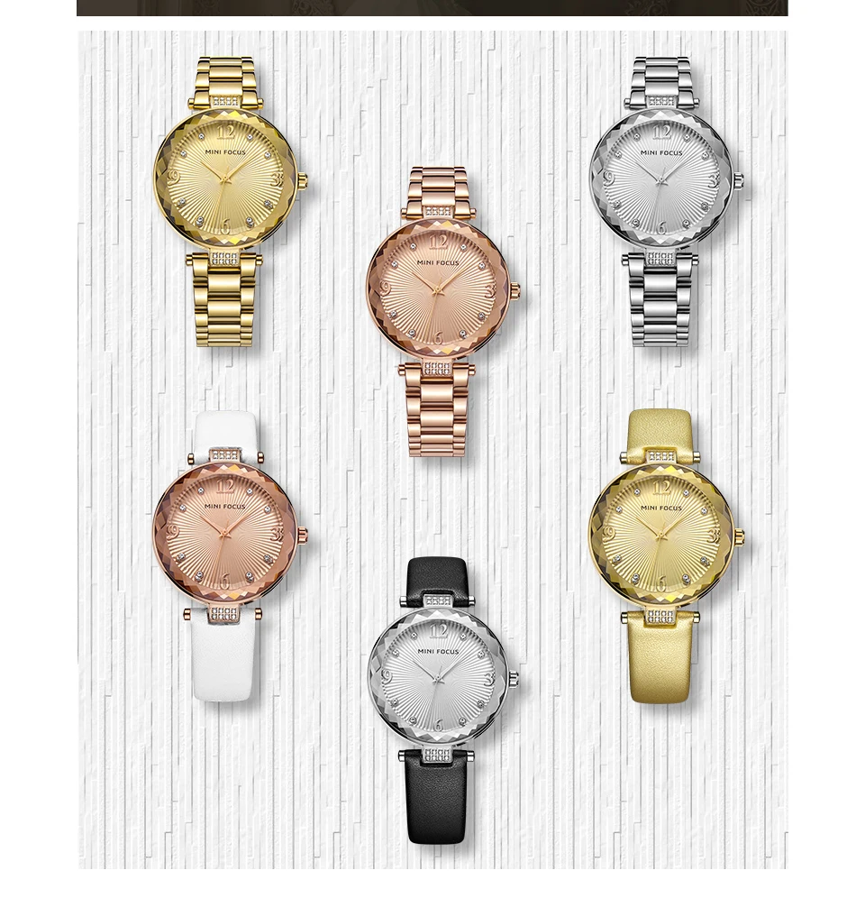 Роскошные женские часы от топ бренда MINI FOCUS, кварцевые часы, стразы, розовый циферблат, ремешок из натуральной кожи, элегантные женские наручные часы
