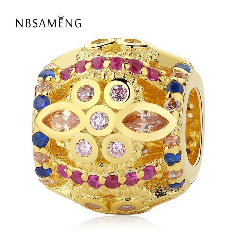 

Authentic 925 Sterling Silver Bead Gold Color Fresco Crystals With CZ Charm Fit Pandora Original Bracelets Women DIY Jewelry