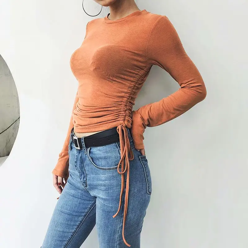 

Wind Pumping Rope with Visible Thin T-Shirts 2019 Women's Spring Autumn New College Wind Long Sleeves Slimming Hundred T-Shirt