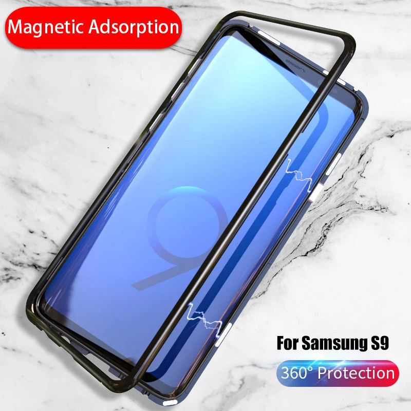 Magnetic-Adsorption-Flip-Case-for-Samsung-Galaxy-S9-Tempered-Glass-Back-Cover-Luxury-Metal-Bumpers-for